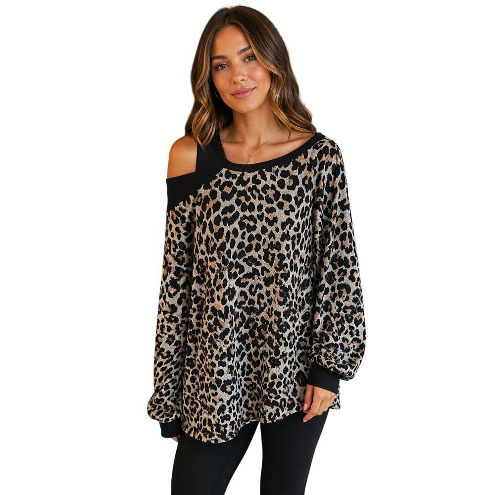 BIBI XL off shoulder leapord print black brown sweater winter warm career casual